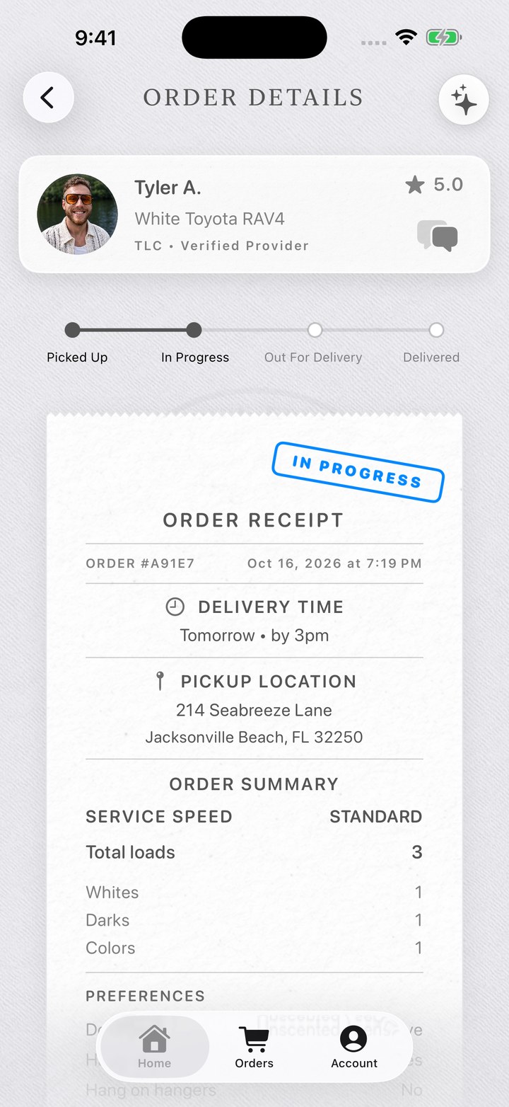 Full Order Details screen with Tyler’s provider photo, progress tracker, and order receipt