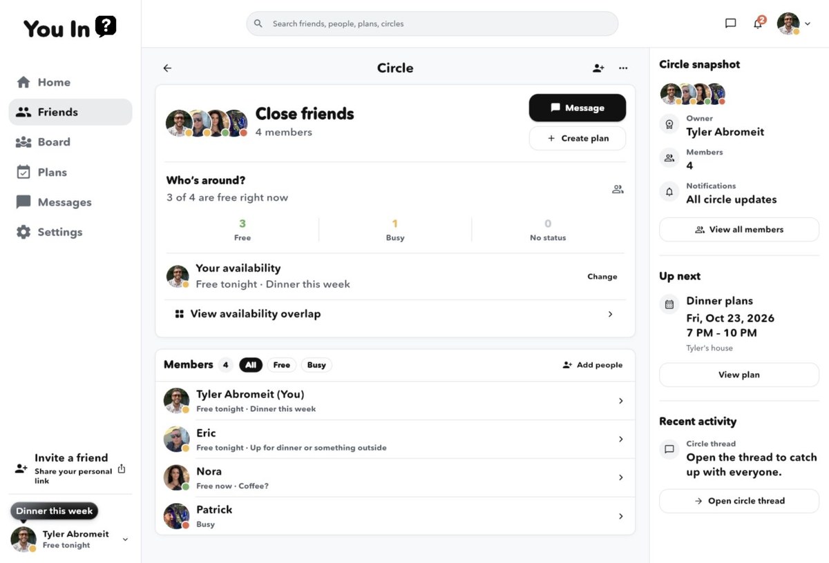 You In? Circle with member statuses and upcoming plan
