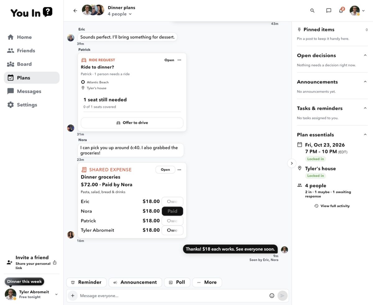 You In? rides & expenses in desktop plan discussion
