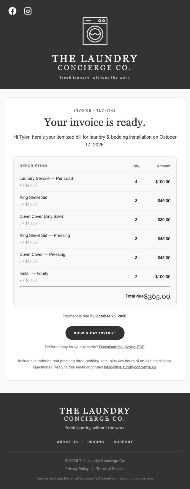 TLC invoice for four laundry loads, three bedding sets with pressing, and two installation hours, totaling $365